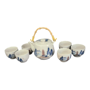 Vintage Japanese Tea Set Pot & 6 Cups Painted Scenic Bamboo Handle, Marked