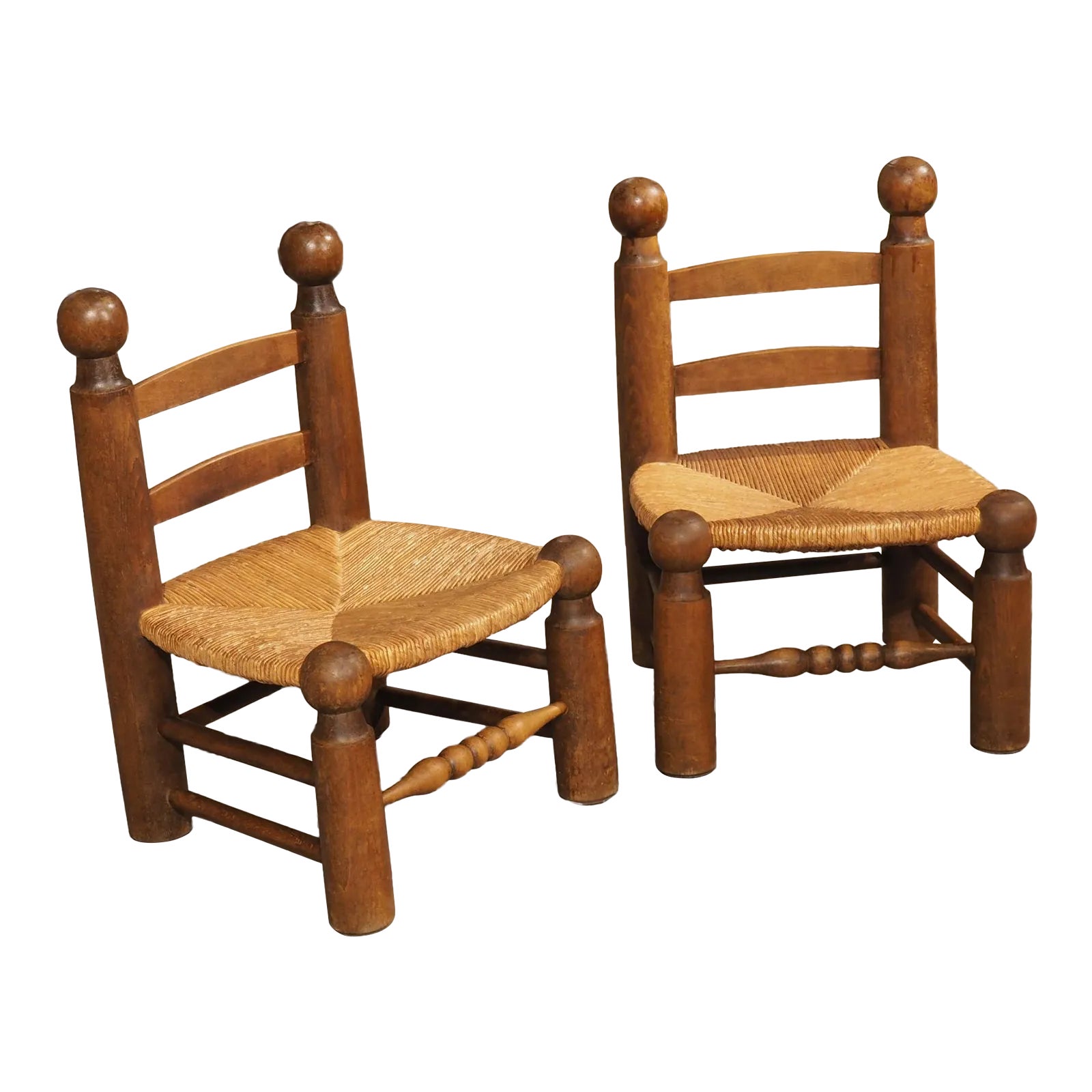Pair of Circa 1940 French Low Fireplace Chairs in Carved Beech and Rush