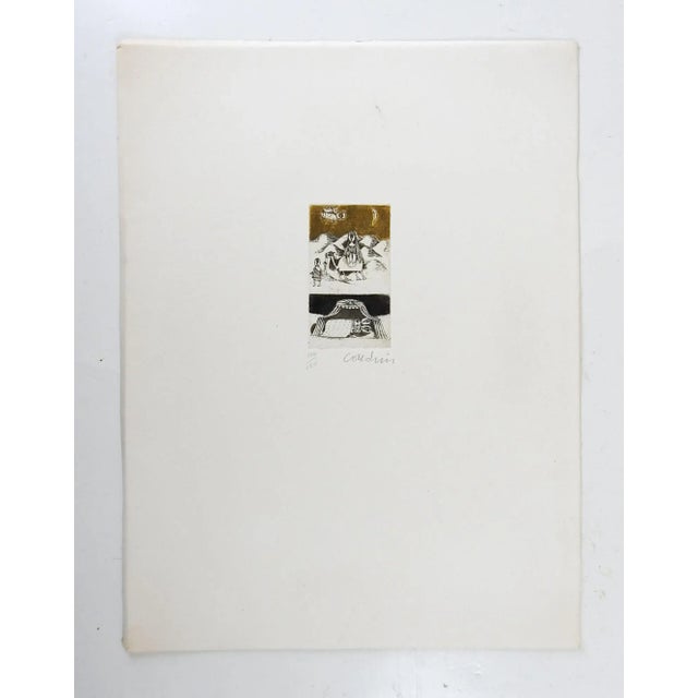 Vintage mid 20th century abstract etching on paper of middle eastern couple in desert with camel and in tent. Signed...