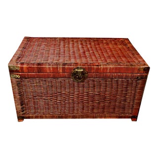 Late 20th Century Ruddy Wicker Brass Campaign Trunk & Blanket Chest For Sale