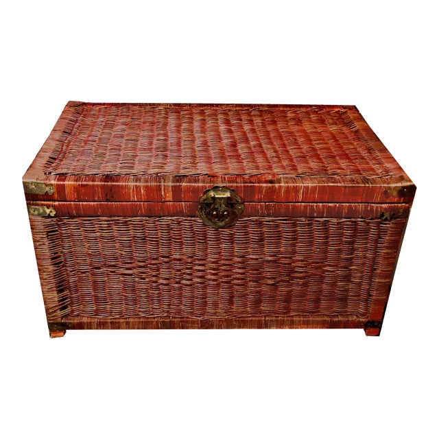 Late 20th Century Ruddy Wicker Brass Campaign Trunk & Blanket Chest For Sale