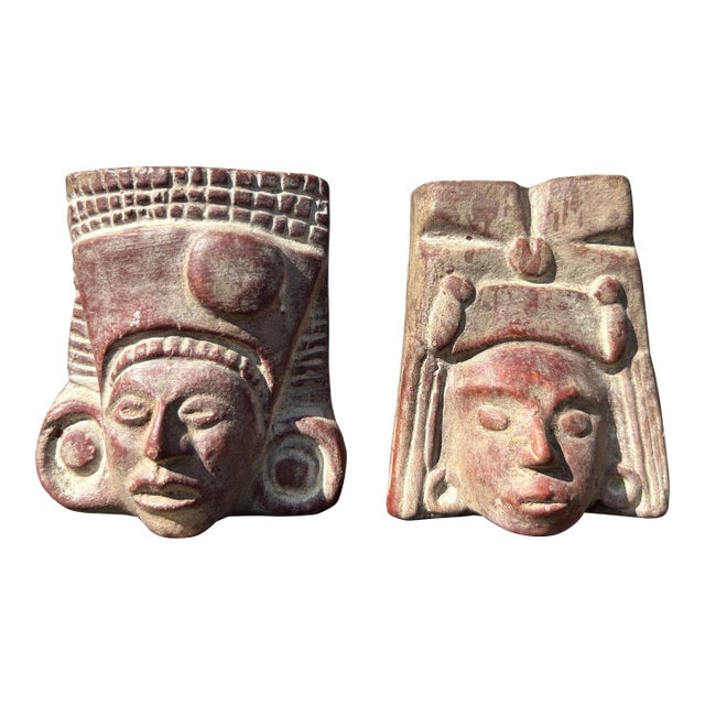 Mid 20th Century Mexican Tribal Pottery Small Head Vases- a Pair For Sale