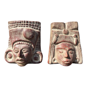 Mid 20th Century Mexican Tribal Pottery Small Head Vases- a Pair