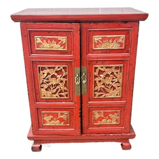 Vintage Red Lacquered Oriental Nightstand With Ornate Gilded Carvings For Sale