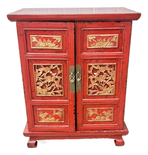 Vintage Red Lacquered Oriental Nightstand With Ornate Gilded Carvings