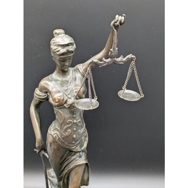 Metal Vintage Bronze Lady Justice Statue: Themis/Justitia With Scales & Sword For Sale - Image 7 of 10