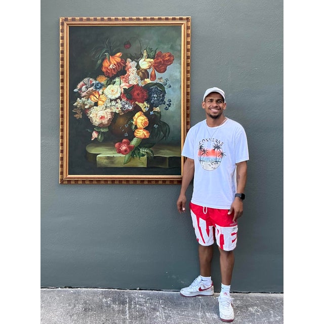 Wood Vintage Regency Monumental Botanical Oil Painting on Canvas For Sale - Image 7 of 9