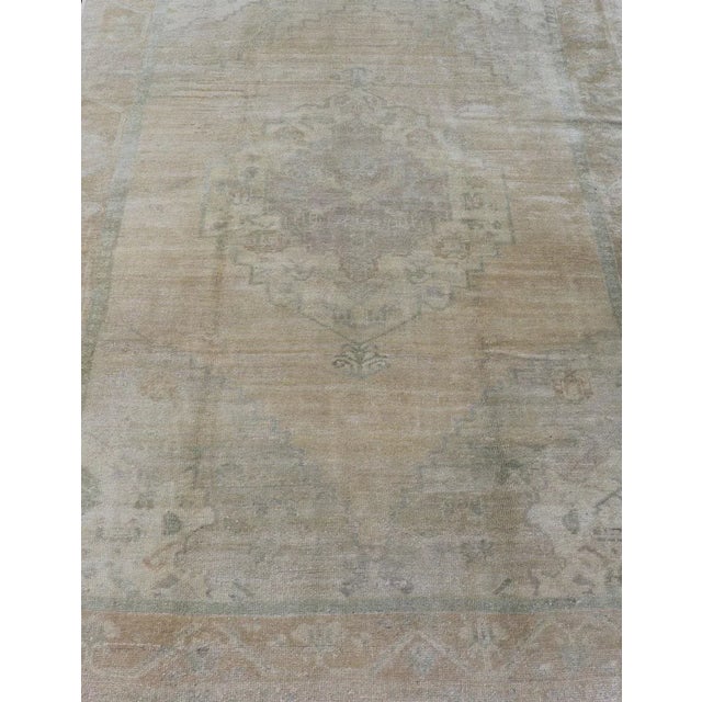 Textile Light Color Oushak Vintage Rug With Pastel Colors in Tan, Green, Butter Yellow and Taupe For Sale - Image 7 of 13