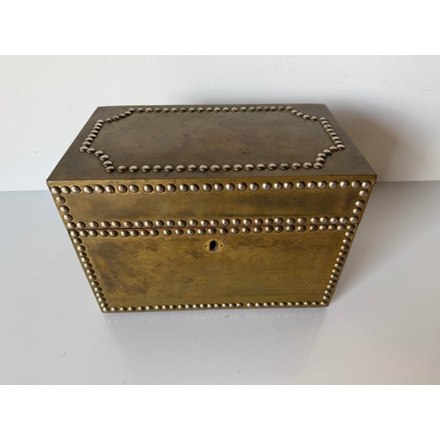 Vintage Sarreid Ltd. Style Brass Nailhead Lidded Decorative Box With Key For Sale - Image 4 of 12