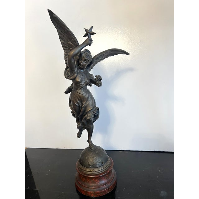 Metal Early 20th Century Bronze Statue "Stelle" Winged Woman Angel Standing on Stared Globe Signed Par Rousseau For Sale - Image 7 of 12