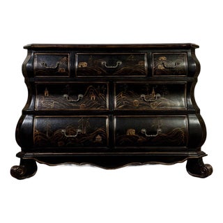 Vintage-Style Chinoiserie Black Bombe Chest | Hand-Painted Accent Dresser For Sale