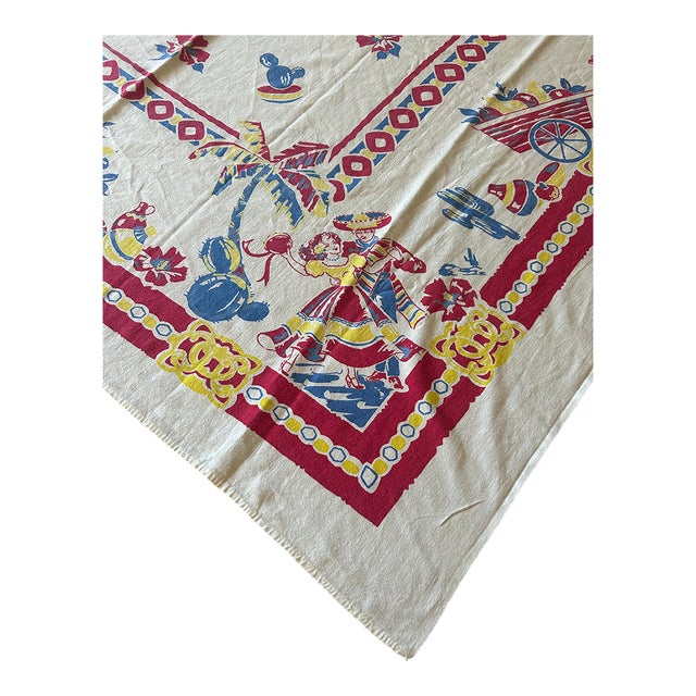 Vintage 1940's Mexican Fiesta Table Cloth - Pristine For Sale