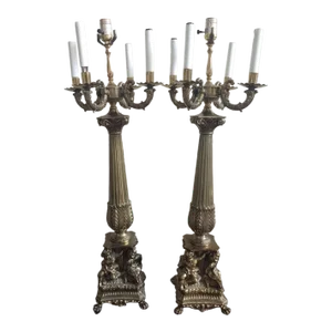 Pair of Early 1900s French Gilt Metal Cherubs Column 5-Light Table Lamps