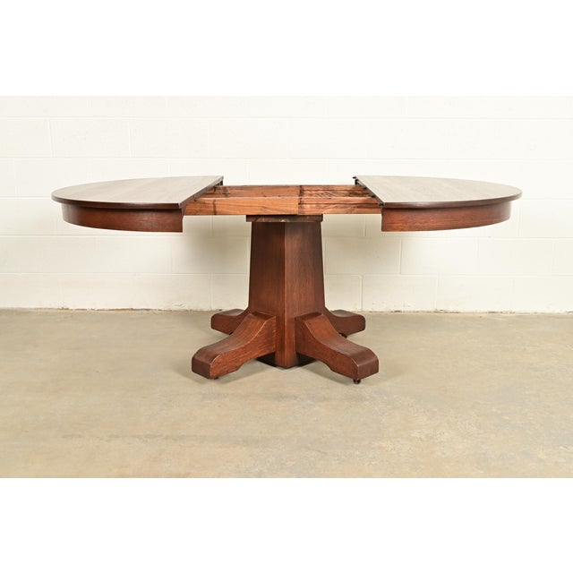 Wood Stickley Brothers Style Antique Mission Oak Arts & Crafts Pedestal Extension Dining Table, Newly Refinished For Sale - Image 7 of 14