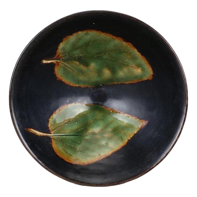 Big Size Chinese Ji Zhou Kiln Double Leaves Pattern Black Glazing Porcelain Bowl For Sale