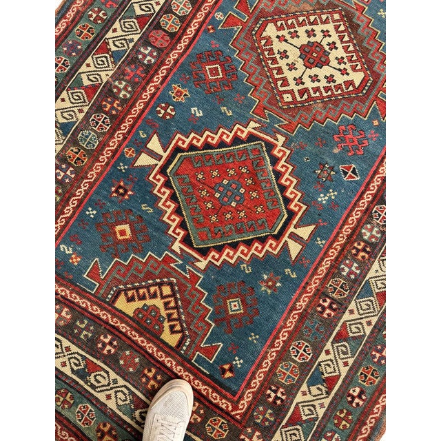 Textile Century Old Antique Kazak in Ocean Blue Amazing Greens Rug 4.8 x 7.8 For Sale - Image 7 of 11