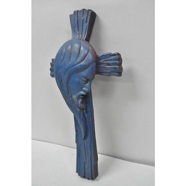 Mid-Century Modern Vintage Religious Jesus Sculpted Resin Blue Mid Century Wall Crucifix Cross For Sale - Image 3 of 14