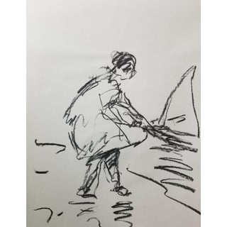 "Child Playing with a Boat" Contemporary Figurative Charcoal Sketch by Jose Trujillo For Sale