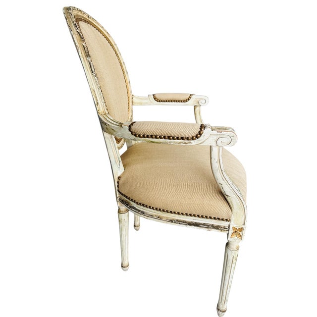 18th Century Antique Upholstered Medallion Back Louis XVI Armchair For Sale - Image 5 of 12