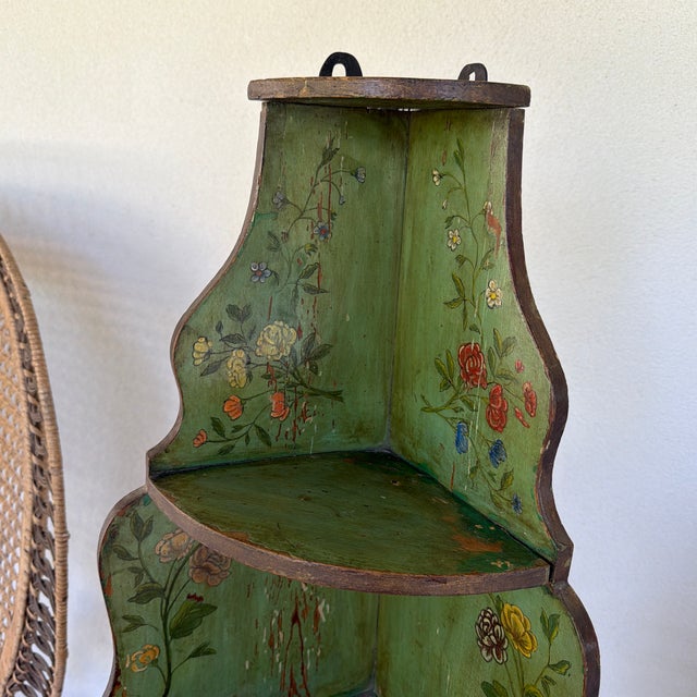 Shabby Chic 19th Century European Hand Painted Green Wooden Corner Wall Shelf With Floral Motifs For Sale - Image 3 of 12