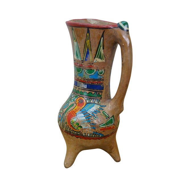 Vintage 20th century Mexican folk art style pulque agave pitcher / water jug. Brown terracotta earthenware pottery with...
