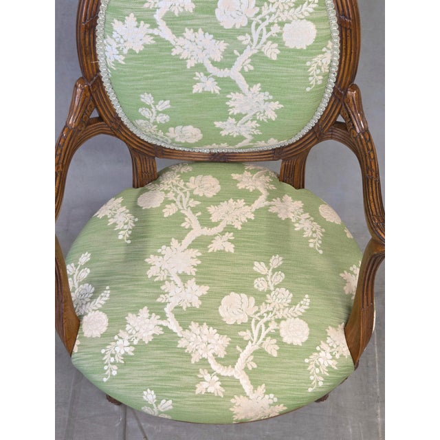 Vintage French Louis XVI Style Armchairs With Green and Cream Upholstery - A Pair For Sale - Image 4 of 12