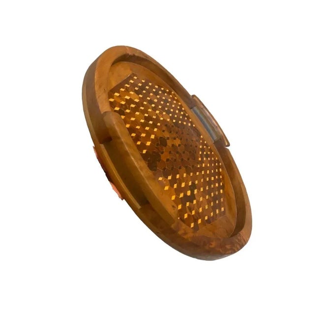 Juniper wood tray decorated with walnut and cedar wood decoration Round tray of Juniper, walnut and cedar wood An antique...