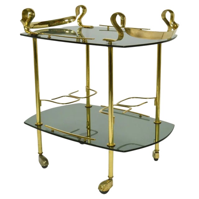 Italian Bar Cart in Brass and Smoked Glass, 1960s For Sale
