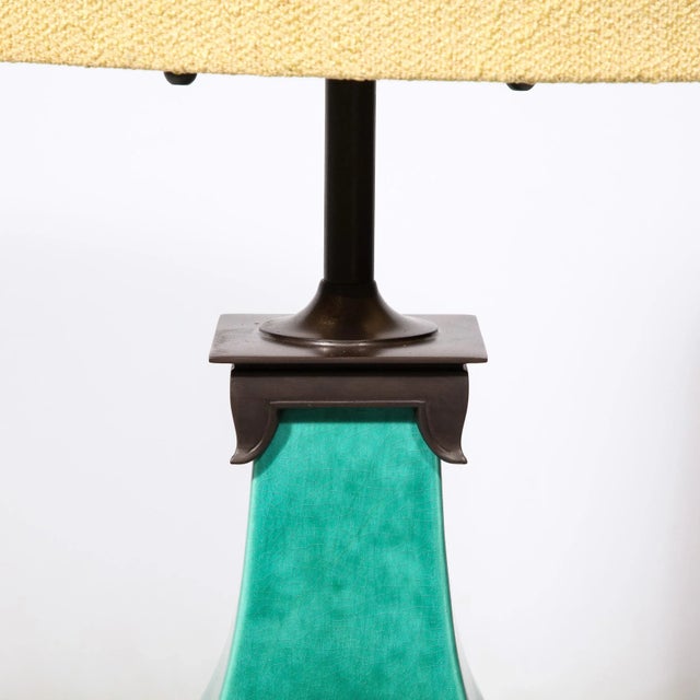 Mid-Century Modern Mid-Century Modernist Ceramic Turquoise Jade Table Lamps W/ Bronze Fittings For Sale - Image 3 of 11