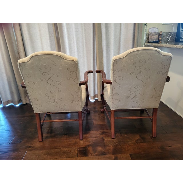 Set of UNMARKED Ethan Allen Upholstered Armchairs in Queen Anne style Cherry wood. Fabric is cream colored with swirls....
