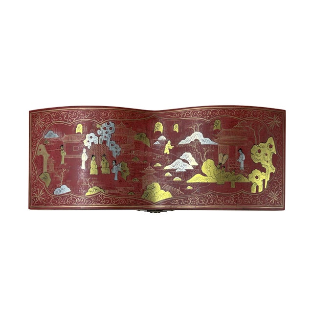 Red Lacquer Chinoiserie-Style Gold Silver Scenery Graphic Rectangular Box For Sale In San Francisco - Image 6 of 13
