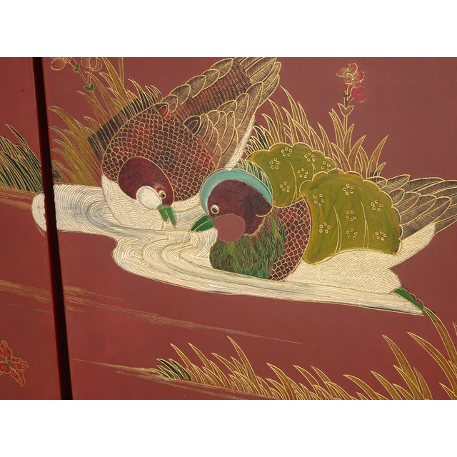 Antique Oriental Asian Red Coromandel Six Panel Folding Screen Birds in Garden For Sale - Image 10 of 16