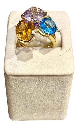 Blue Topaz, Citrine, Pink Amethyst Cocktail Ring 14 Karat Yellow Gold Estate S7
