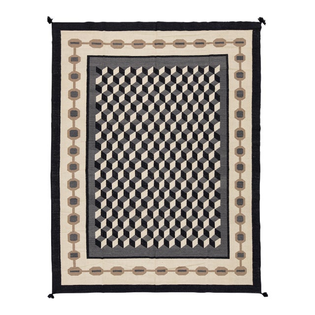 Modernist Navajo Style Geometric Flatweave Wool Rug With Optical Cube Pattern For Sale