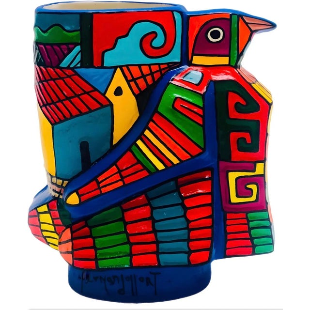 Red Sale Ferdinand Llort Vintage Mid-Century Modern Colorful Hand Painted & Signed Folk Art Pottery Bird Vase El Salvador #2 For Sale - Image 8 of 8