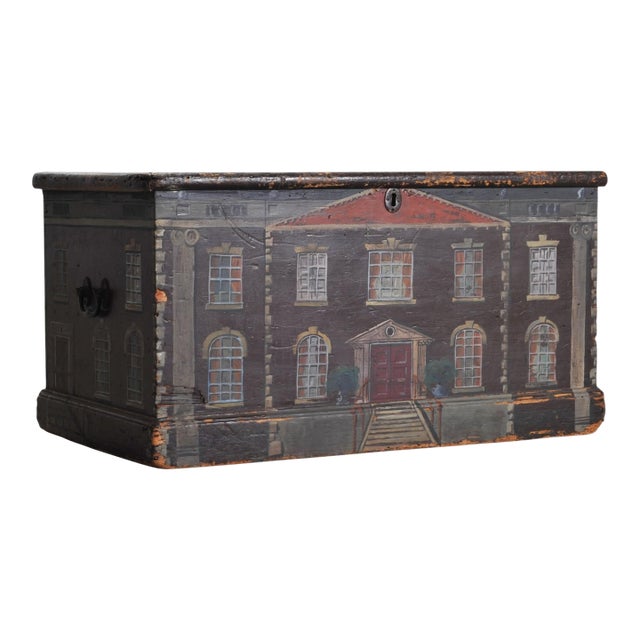 19th C. English Painted Pine Chest With Georgian Manor Façade For Sale