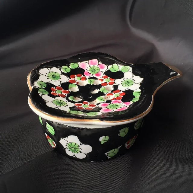 Vintage Floral Porcelain Tea Strainer & Holder - 2 Piece For Sale - Image 4 of 5