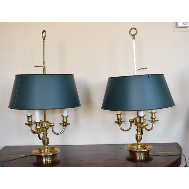 Empire Brass Bouillotte Lamps with Green Tole Shades, 1960s, Set of 2 For Sale - Image 4 of 11