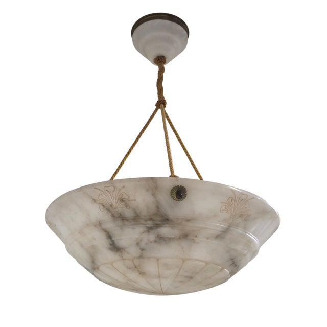 Early 20th Century Hand Carved French White+ Grey Alabaster W/Carved Detail, Alabaster Canopy +Cord For Sale - Image 9 of 16