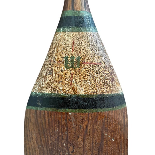 Early 20th Century Antique Early 20th Century Hand Painted Monogrammed Wooden Canoe Paddle / Boat Oar With Olive Green, White & Black Striping, Circa 1920 For Sale - Image 5 of 11