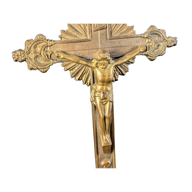 Religious Antique Gold Crucifix Jesus on Cross 9" Tall Die Cast Metal For Sale - Image 3 of 9