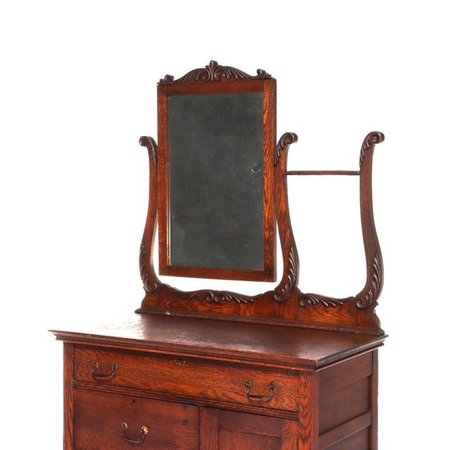 Antique Oak Hotel Wash Stand With Mirror C1920 Measures - 67 1/4" x 38" x 20" This antique oak wash stand, dating to circa...
