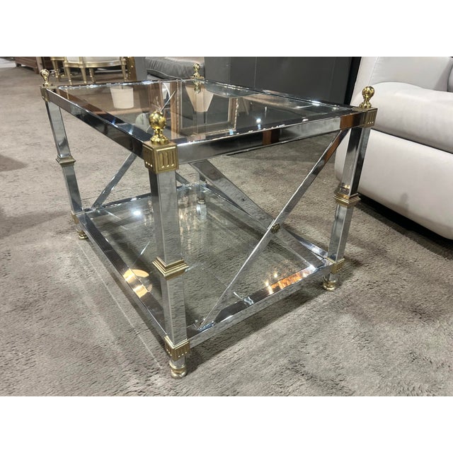 Modern Vintage Chrome and Brass Based Two-Tier Glass End Table For Sale - Image 3 of 7