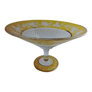 1920's Czech Bohemian Cut Glass Yellow Cut to Clear Compote Hand Cut Roses & English Hobnail Design For Sale