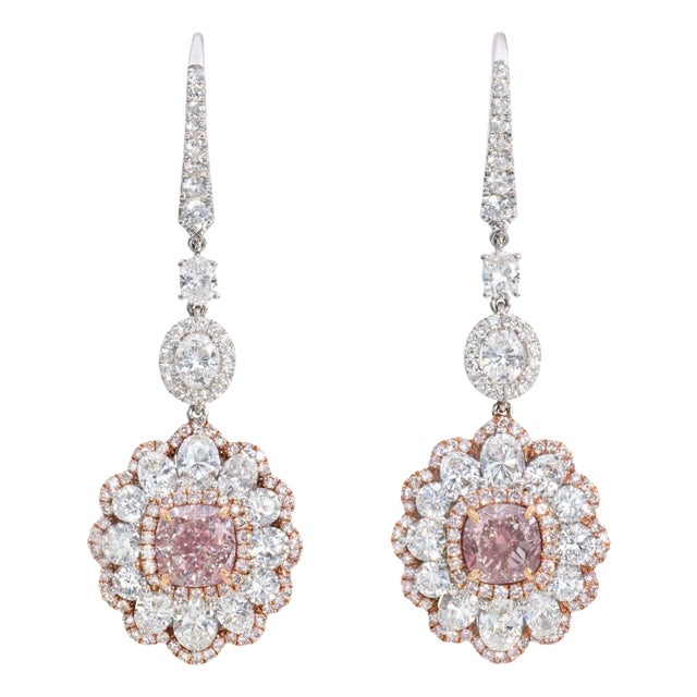 Certified 1 Carat Very Light Pink & White Diamond Drop Earrings in 18k Gold - 2 Pieces For Sale