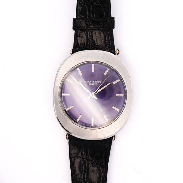Metal 1970s Patek Philippe "Jumbo Ufo" Automatic Steel Purple 35mm Dial Leather Strap Watch For Sale - Image 7 of 9