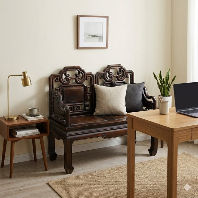 Burnt Umber Vintage Chinese Fujian Double Seat Wood Opera Bench With Back For Sale - Image 8 of 10