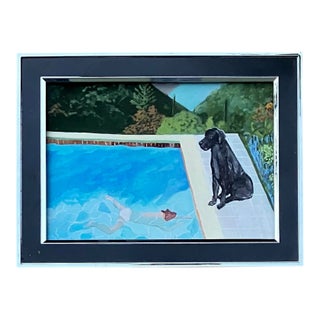 Contemporary Hockney Inspired Black Lab Small Dog Print by Judy Henn Framed For Sale