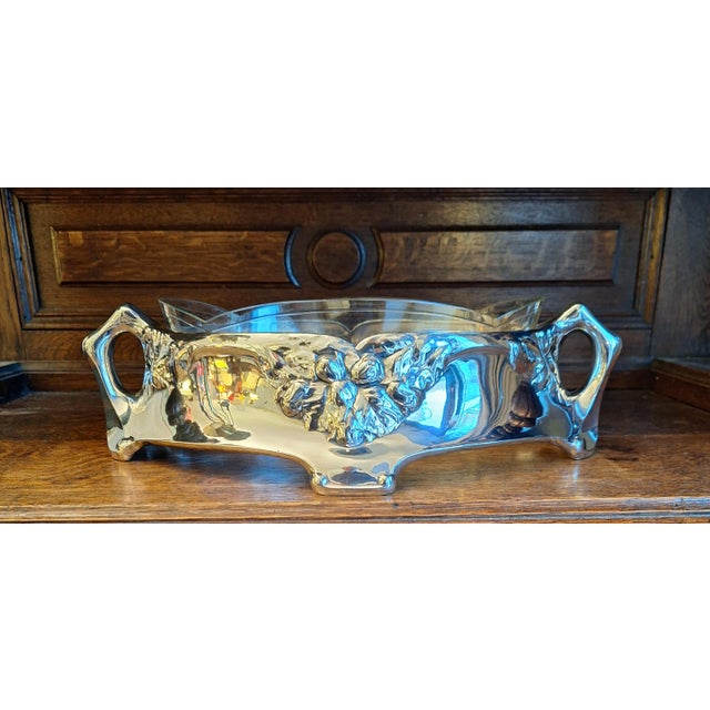Danish Art Nouveau Jardiniere in Silver-Plated Metal with Cut Glass Insert by Eneret, 1900s, in Very Good conditions....