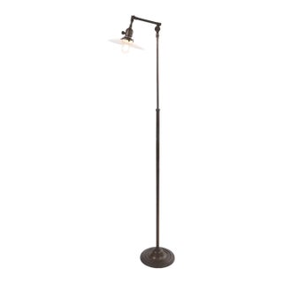 Vintage Industrial Brass Opal Disk Shade Floor Lamp For Sale